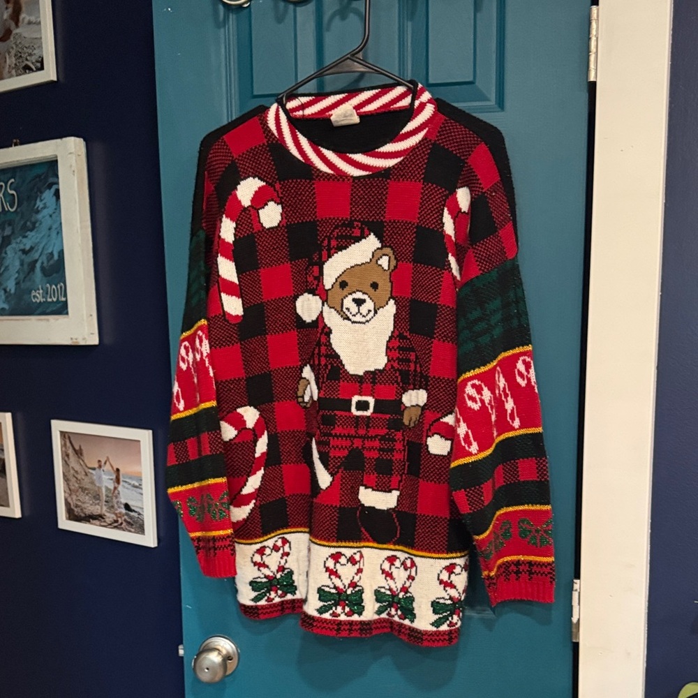 Vintage Holiday Time Striped Red and Black Teddybear Ugly Sweater - M
